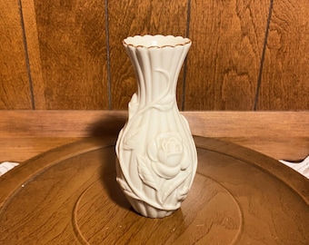 Vintage Lenox Ivory Rose Vase – Embossed Porcelain with Gold Trim