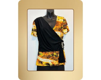 Blusa cruzada negra y dorada XL – Blusa de noche hecha en EE. UU.