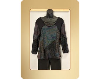 Patchwork Artistic Top Size M – Boho Mixed Print Y2K Blouse