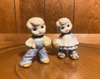 Vintage Ceramic Boy & Girl Figurines – Hand-Painted Farmhouse Decor – Collectible Mid-Century Figurines