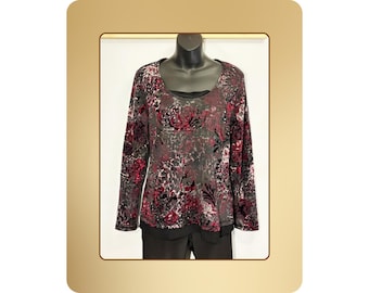 Black Plum Pattern Top S – Stretch Knit Blouse Y2K