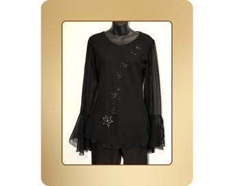 Black Mesh Sleeve Top S – Star Embellished Evening Blouse