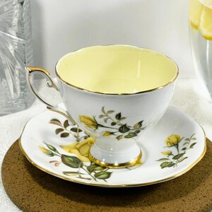 Vintage Roslyn Bone China Yellow Rose Teacup and Saucer Set | English Tea Cup Gift for Her | 1950s Floral Tea Lover Gift