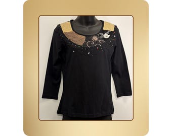 Black Beaded Top Size S – Cotton Embellished Blouse Y2K