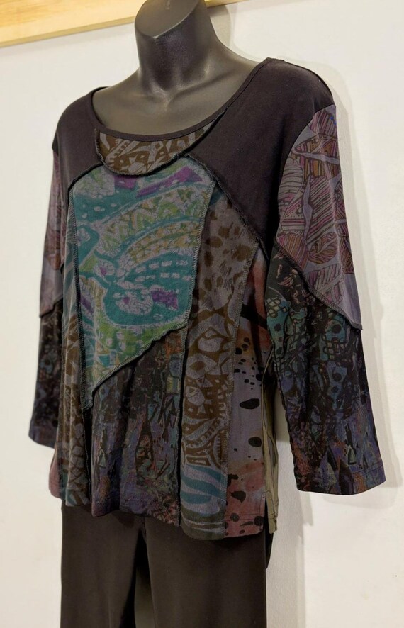 Patchwork Artistic Top – Mixed Pattern Panels, Co… - image 10