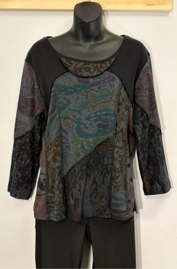 Patchwork Artistic Top – Mixed Pattern Panels, Co… - image 9