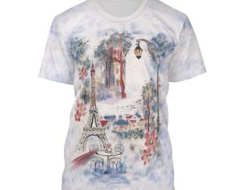 Camiseta con estampado panorámico de París: ilustración de la Torre Eiffel, tejido suave, estilo viajero