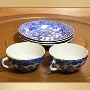 Vintage Blue Willow Teacup and Saucer Set of 2 – Collectible Blue and White China, Tiny Tea Cups for Display, Gift for Antique Lovers