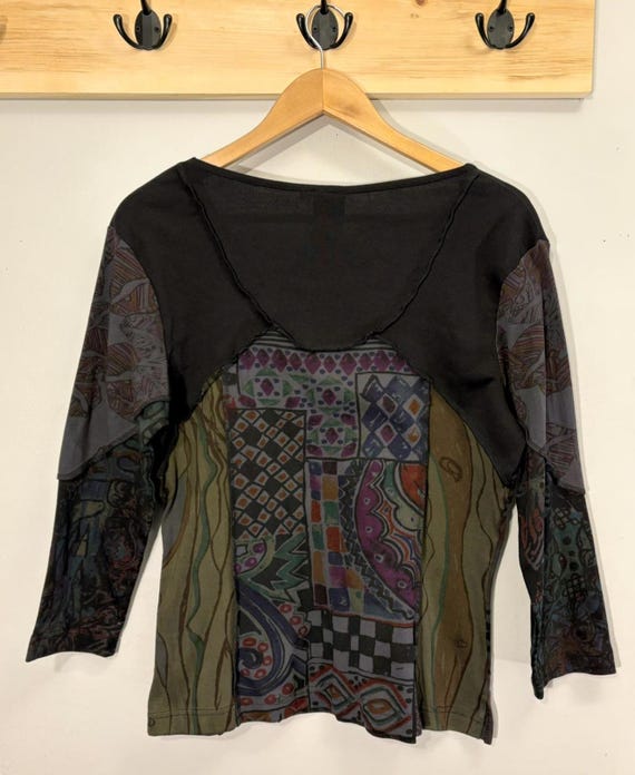 Patchwork Artistic Top – Mixed Pattern Panels, Co… - image 3