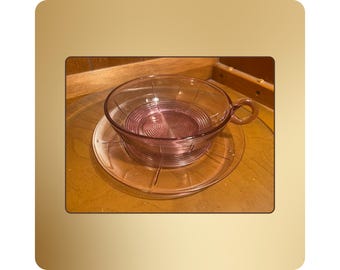 Vintage Pink Depression Glass Cup and Saucer | Art Deco Tableware