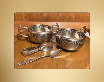 Juego de cremera y azucarero vintage de plata chapada / Motivo de vid