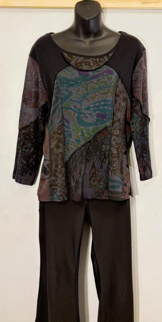 Patchwork Artistic Top – Mixed Pattern Panels, Co… - image 8