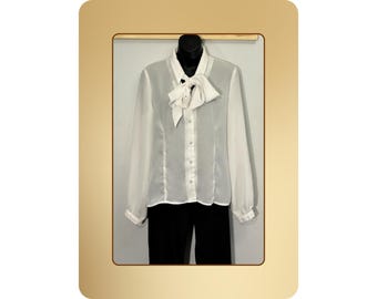 White Bow Tie Blouse Size 8 Canada Made – Chiffon Office Shirt