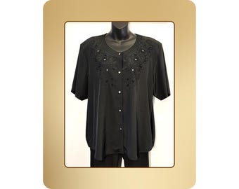 Schwarzes besticktes Top Größe 16 - Knopfleiste Boho Shirt Plus Size