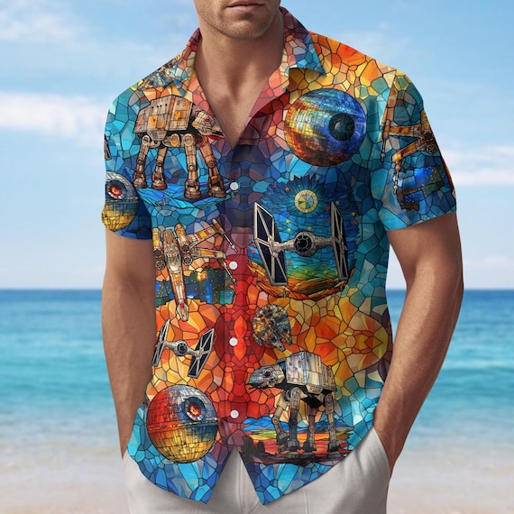 Stained Glass Star Wars Button Shirt, At At Tie Fighter Death Star Hawaiian  Shirt, Galaxy Vacation Trip Shirt, Disney Birthday Gift