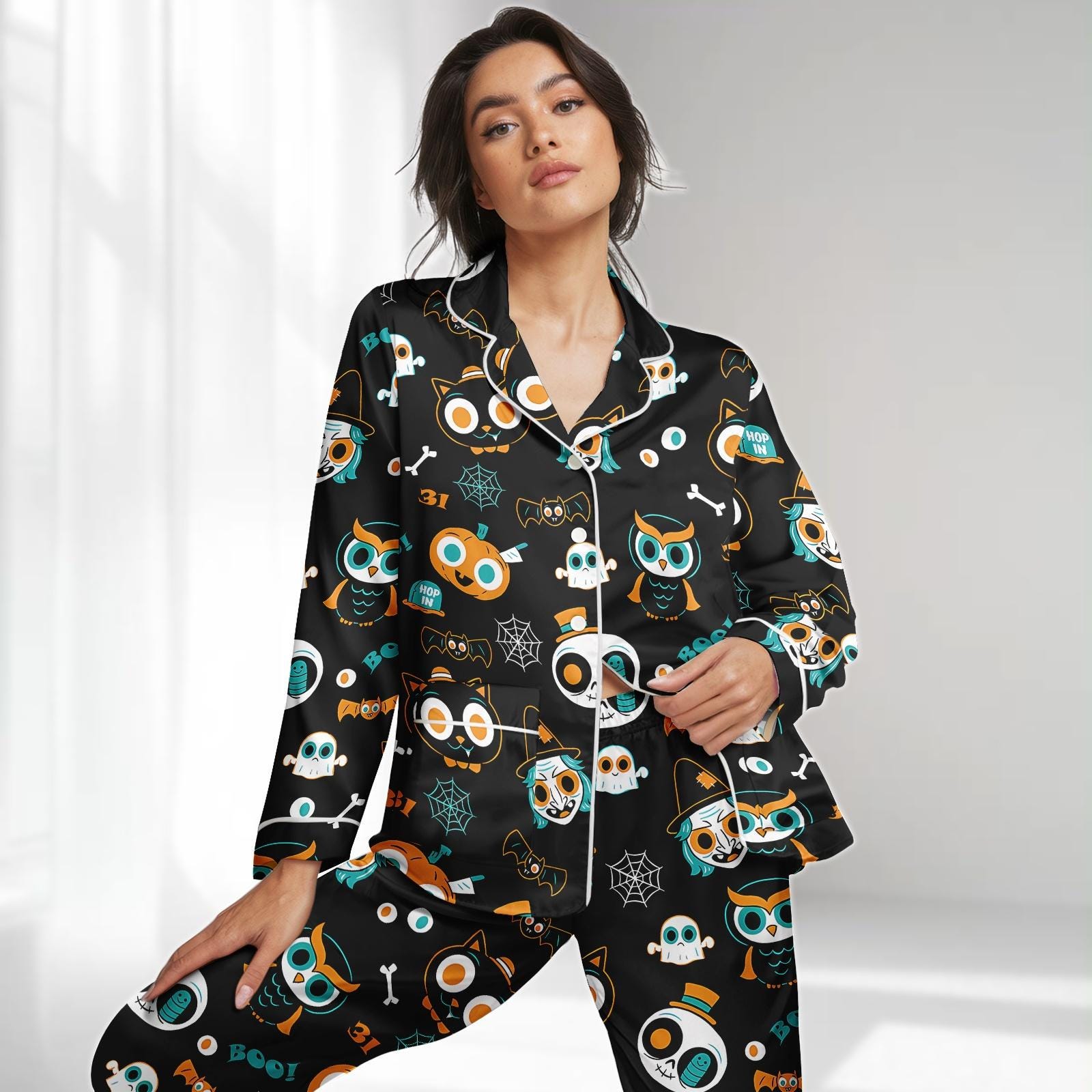 Discover Halloween Owl Bat Long Satin Pajamas Set, Pumpkin Ghost Women Pajamas, Spooky Spider Web Holiday Pjs, Halloween Sleepwear, Gift For Her