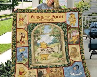 Retro Winnie The Pooh Quilt, Disney 100 Years Of Adventure Bed Quilt, Disneyland 2026 Bedding, Classic Pooh Throw Blanket For Family