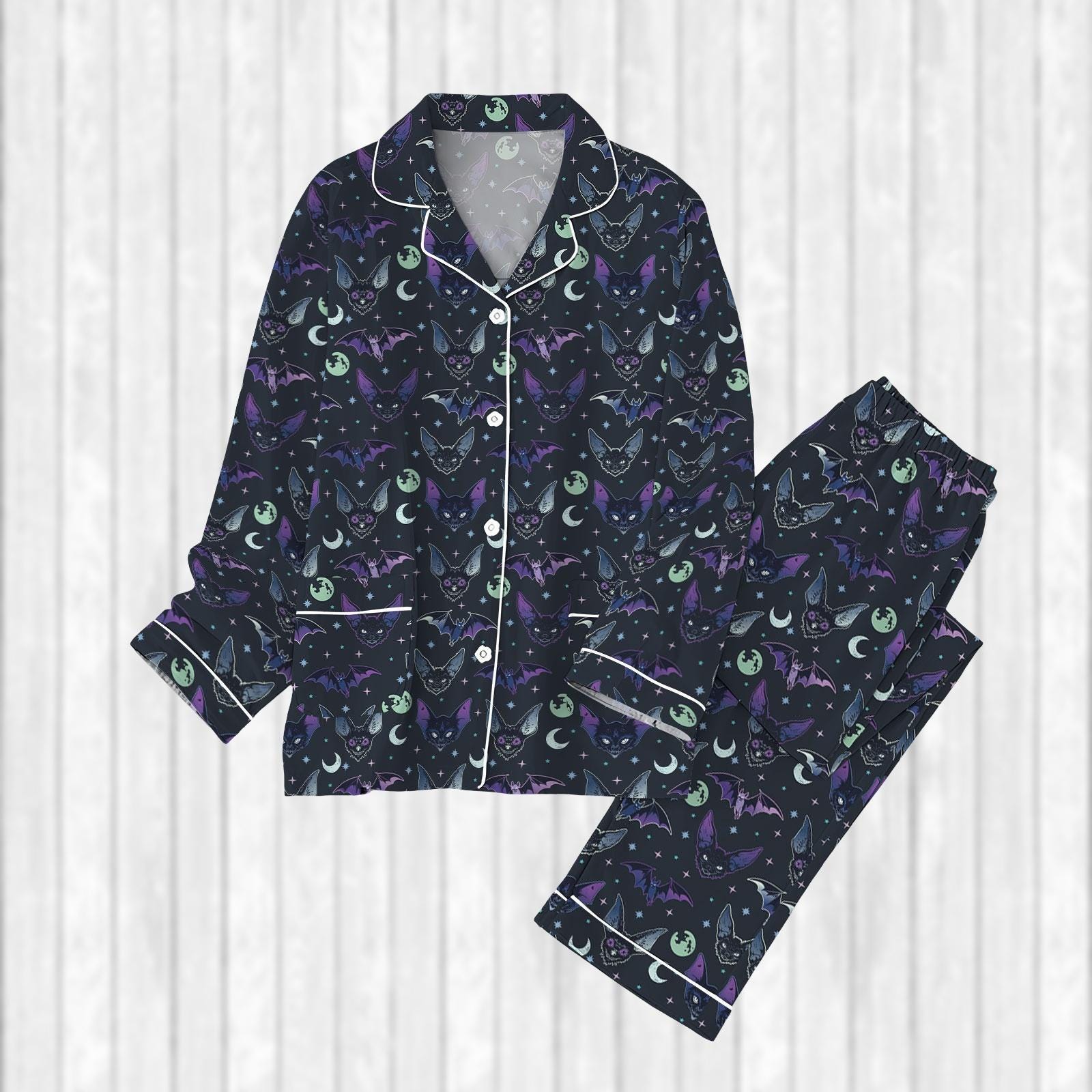 Discover Halloween Creepy Bat Pajamas Set, Goth Holiday Pajamas, Spooky Season Women Pajamas, Horror Dark Pajamas For Party, Halloween Gift