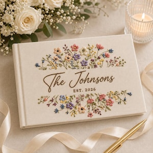 Personalized Floral Wedding Guest Book, Embroidered Linen Notebook, Rustic Wedding Scrapbook, Custom Engagement Keepsake, Wedding Gifts