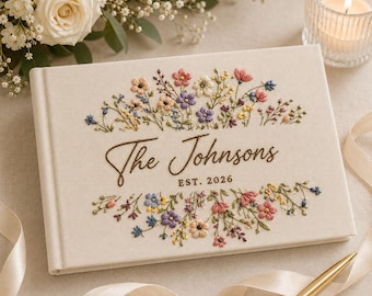 Personalized Floral Wedding Guest Book, Embroidered Linen Notebook, Rustic Wedding Scrapbook, Custom Engagement Keepsake, Wedding Gifts