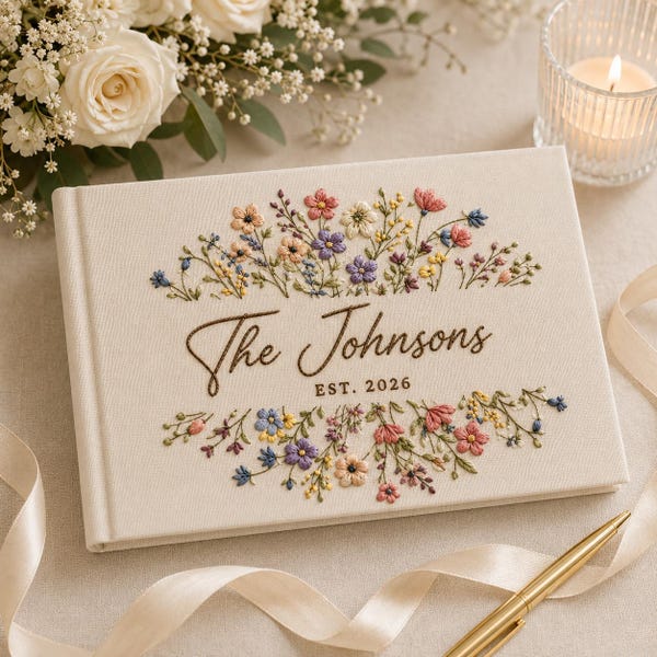 Personalized Floral Wedding Guest Book, Embroidered Linen Notebook, Rustic Wedding Scrapbook, Custom Engagement Keepsake, Wedding Gifts