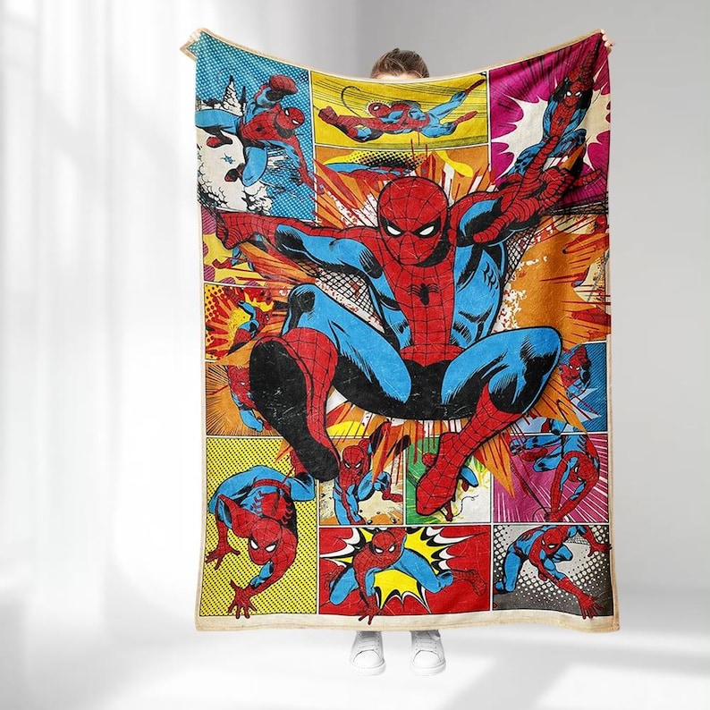 Spider-Man Blanket, Marvel Superhero Throw, Retro Spiderverse Fleece Blanket, Spidey Gift for Boys, Cozy Hero Bedding, Disney Blankets