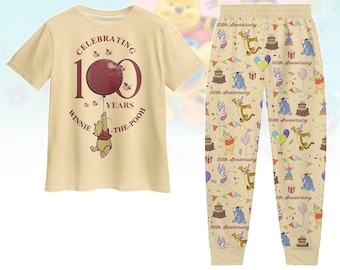 Winnie The Pooh Celebrating 100 Years T-Shirt, Retro The Pooh Pajamas Set, Winnie The Pooh Holiday Pajamas, Cute Bear Tee And Pants