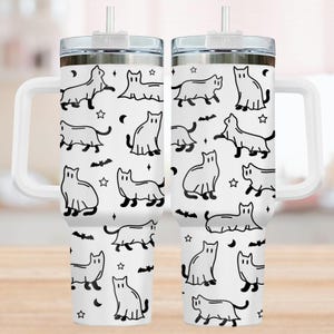 Ghost Cat Rhinestone Tumbler 40oz, Spooky Black Cat Tumbler, Cute Animal Stainless Tumbler, Spooky Season Drinkware, Halloween Gift