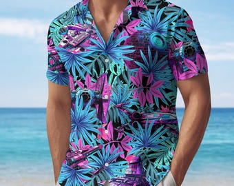 Camicia con bottoni di Star Wars al neon, camicia hawaiana Vaporwave Death Star, camicia da vacanza floreale retrò con motivo galassia, camicia di fantascienza, regalo per lui