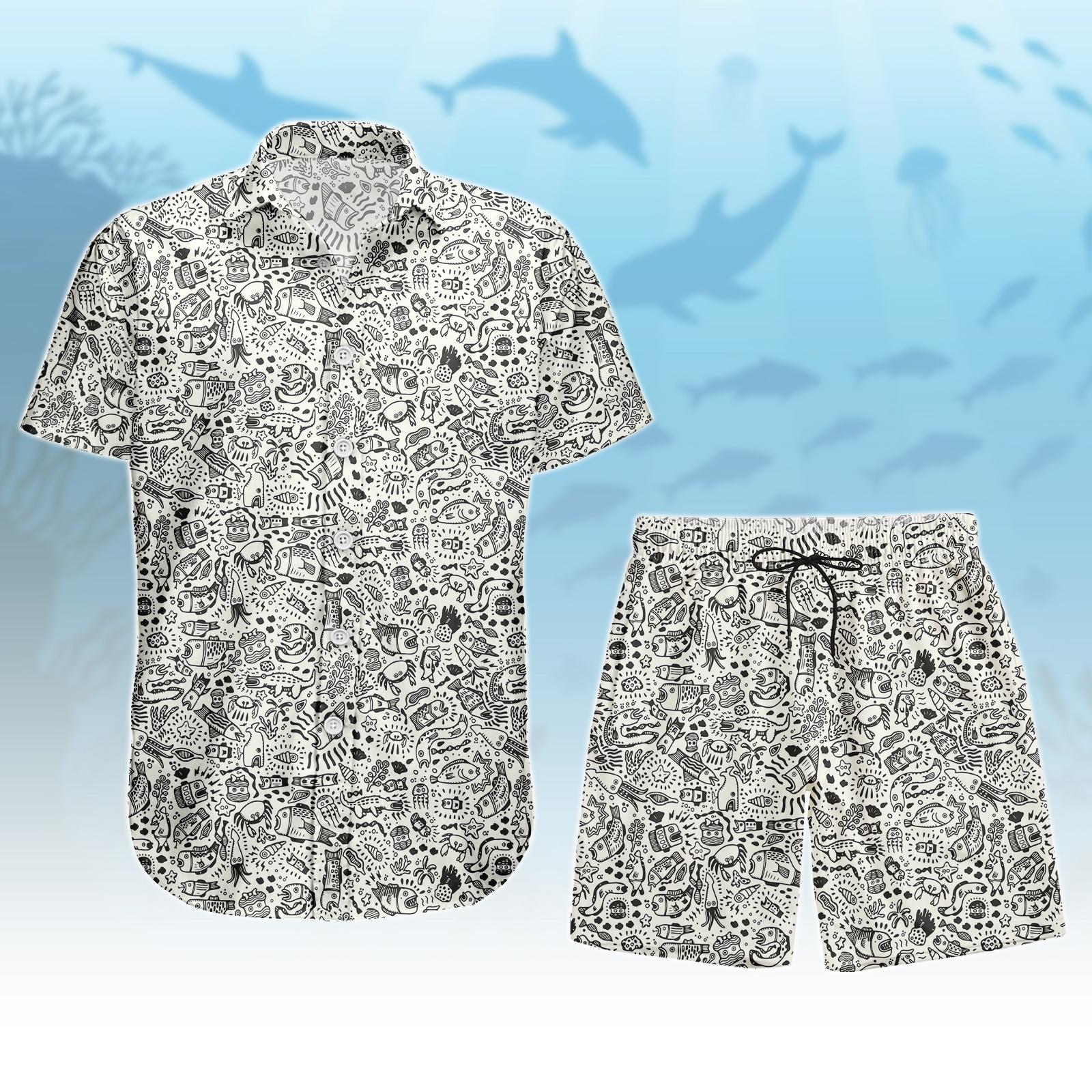 Discover White Doodle Ocean Hawaiian Shirt, Sea Life Button Down Shirt, Beach Shorts For Men, Summer Beach Vacation Shirt, Aloha Shirt Men Women