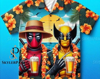 Deadpool And Wolverine Hawaiian Shirt, Deadpool Hawaiian Shirt, Deadpool Shirt, Deadpool Button Shirt, Wolverine Shirt, Deadpool Gift