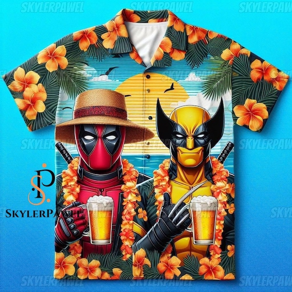 Deadpool And Wolverine Hawaiian Shirt, Deadpool Hawaiian Shirt, Deadpool Shirt, Deadpool Button Shirt, Wolverine Shirt, Deadpool Gift