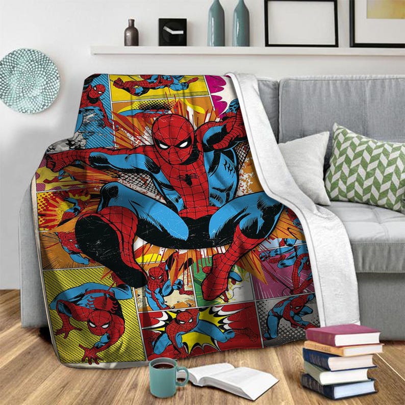 Spider-Man Blanket, Marvel Superhero Throw, Retro Spiderverse Fleece Blanket, Spidey Gift for Boys, Cozy Hero Bedding, Disney Blankets