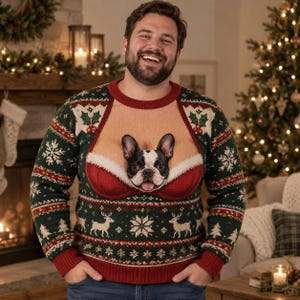 Könnte beinhalten: Ein langärmeliger Strickpullover mit dunkelgrüner Basis und rot-weißen Mustern aus Schneeflocken, Rentieren und Tannenbäumen. In der Mitte befindet sich eine Grafik eines Französischen Bulldoggen-Gesichts in einem rot-weißen BH-Design.