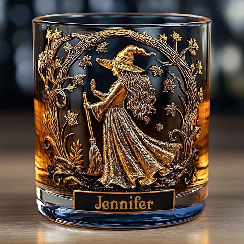 Custom Witch Whiskey Glass Gold, Personalized Halloween Gift for Women, Custom Name Crystal Tumbler, Vintage Witchcraft Barware Decor