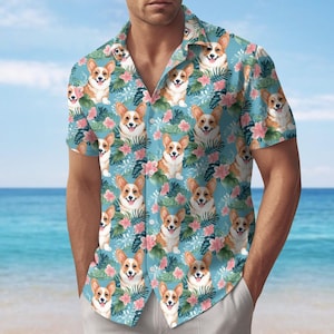 Corgi Button Shirt, Cute Corgi Beach Hawaiian Shirt, Dog Lover Summer Shirt, Corgi Aloha Vacation Tee, Corgi Dog Gift For Him