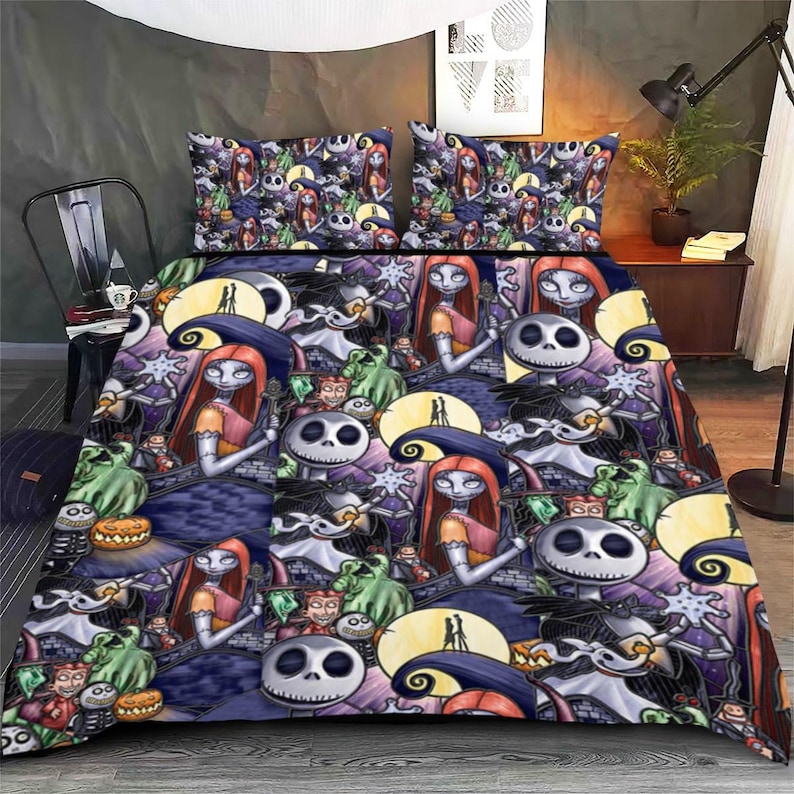 Halloween Jack And Sally Bedding Set, Nightmare Before Christmas Bedding, Jack Skellington Bedding Set, Spooky Disneyland Duvet Cover