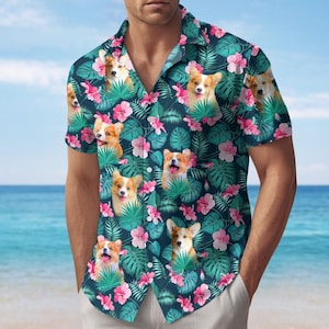 Corgi Button Shirt, Corgi Dog Hawaiian Shirt For Men, Cute Corgi Beach Shirt, Corgi Lover Gift, Summer Tropical Aloha Tee, Gift For Him