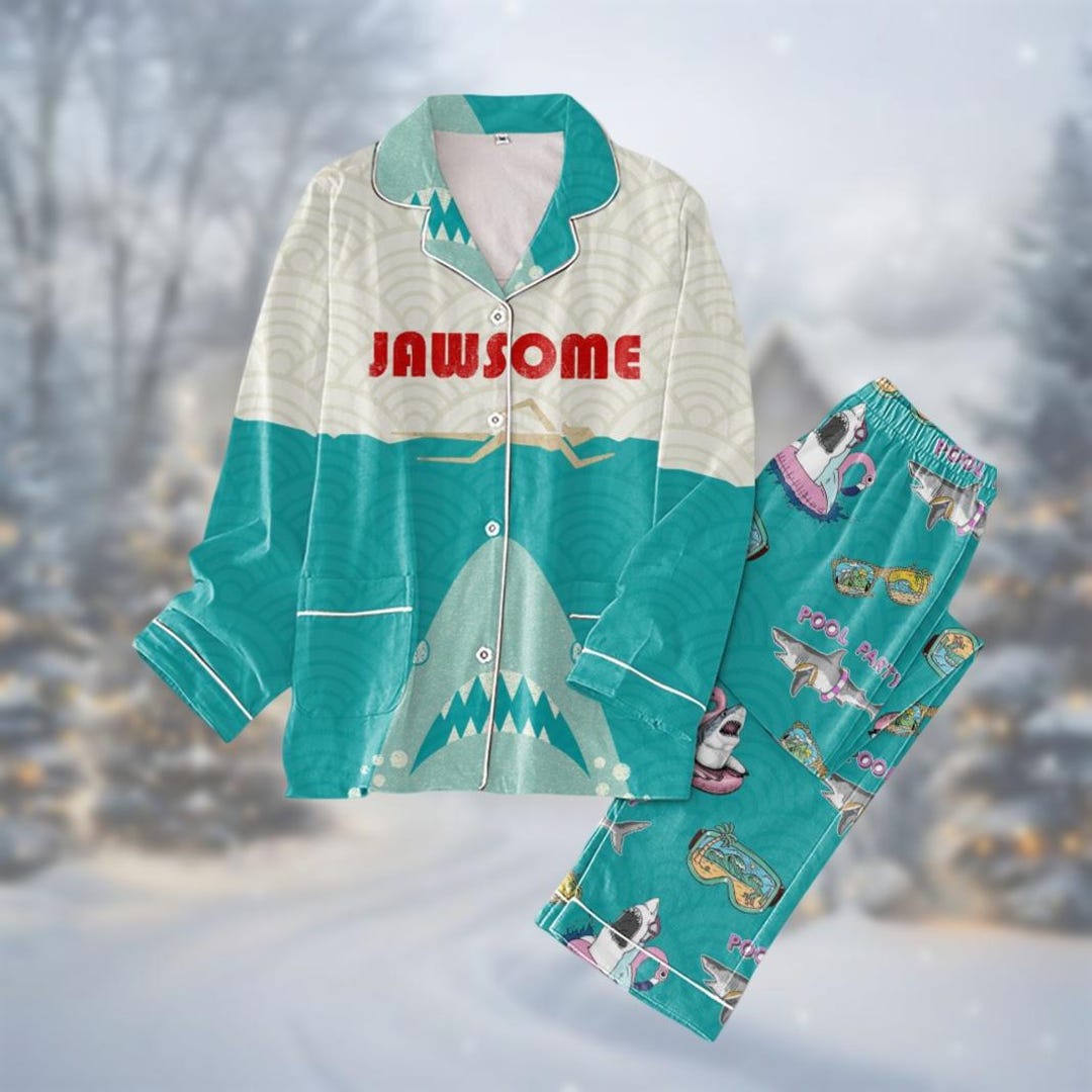 Christmas Jaws Pajamas Set, Shark Movie Holiday Pajamas, Black Boat ...