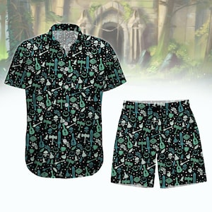 May include: A black shirt and shorts set with a teal and white fantasy-themed pattern. The design includes swords, axes, and musical instruments. The shirt is button-down, and the shorts have a matching print.