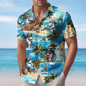 Pirate Shark Button Shirt, Funny Tropical Beach Hawaiian Shirt, Treasure Island Vacation Shirt, Summer Trip Shirt, Gift For Him