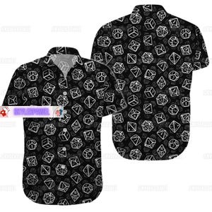 May include: Black short-sleeved button-up shirt with a white dice pattern.