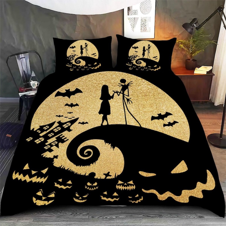 Jack And Sally Halloween Bedding Set, Disneyland Nightmare Bedding, Skellington Duvet Cover, Nightmare Before Christmas Bedroom Decor