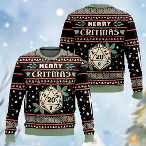 Puede incluir: Jersey navideño negro con el texto "MERRY CRITMAS" y un gran gráfico de dados. El jersey presenta un diseño festivo con estrellas, acebo y un patrón geométrico. Las mangas tienen un diseño de espada.