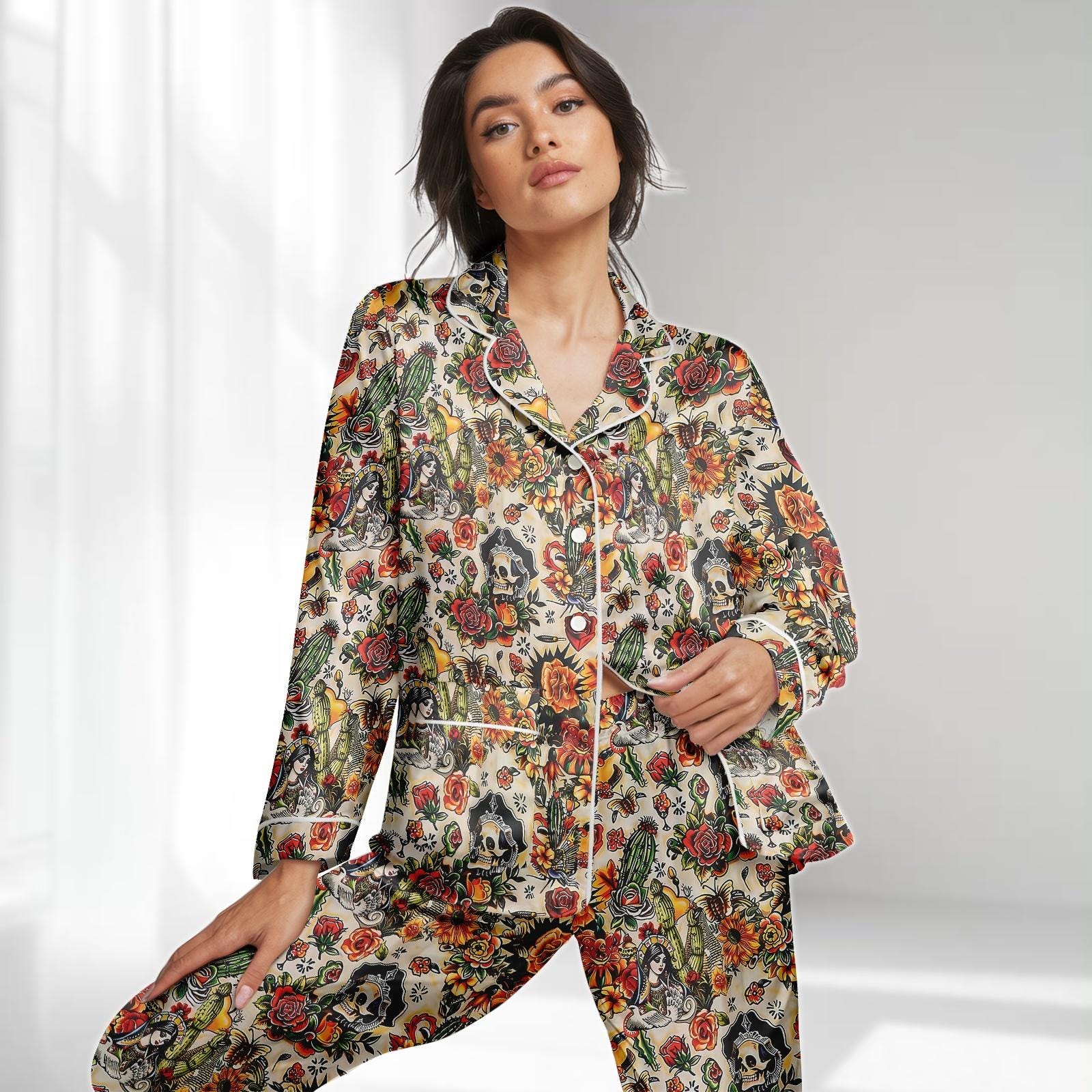 Discover Halloween Skeleton Floral Long Satin Pajamas Set, Gothic Skull Rose Women Pajamas, Dia de los Muertos Holiday Pjs, Halloween Sleepwear