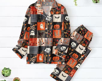 Pijama de Halloween con diseño de murciélago fantasma, para mujer, con calavera de calabaza, ideal para el festival de otoño.