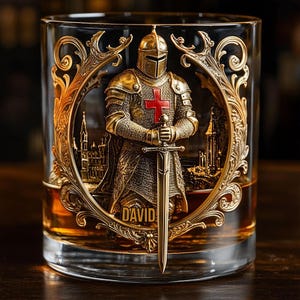 Custom Gold Knight Whiskey Glass Gold, Medieval Templar Whiskey Tumbler, Gothic Barware Gift for Men, Vintage Armor Whisky Cup