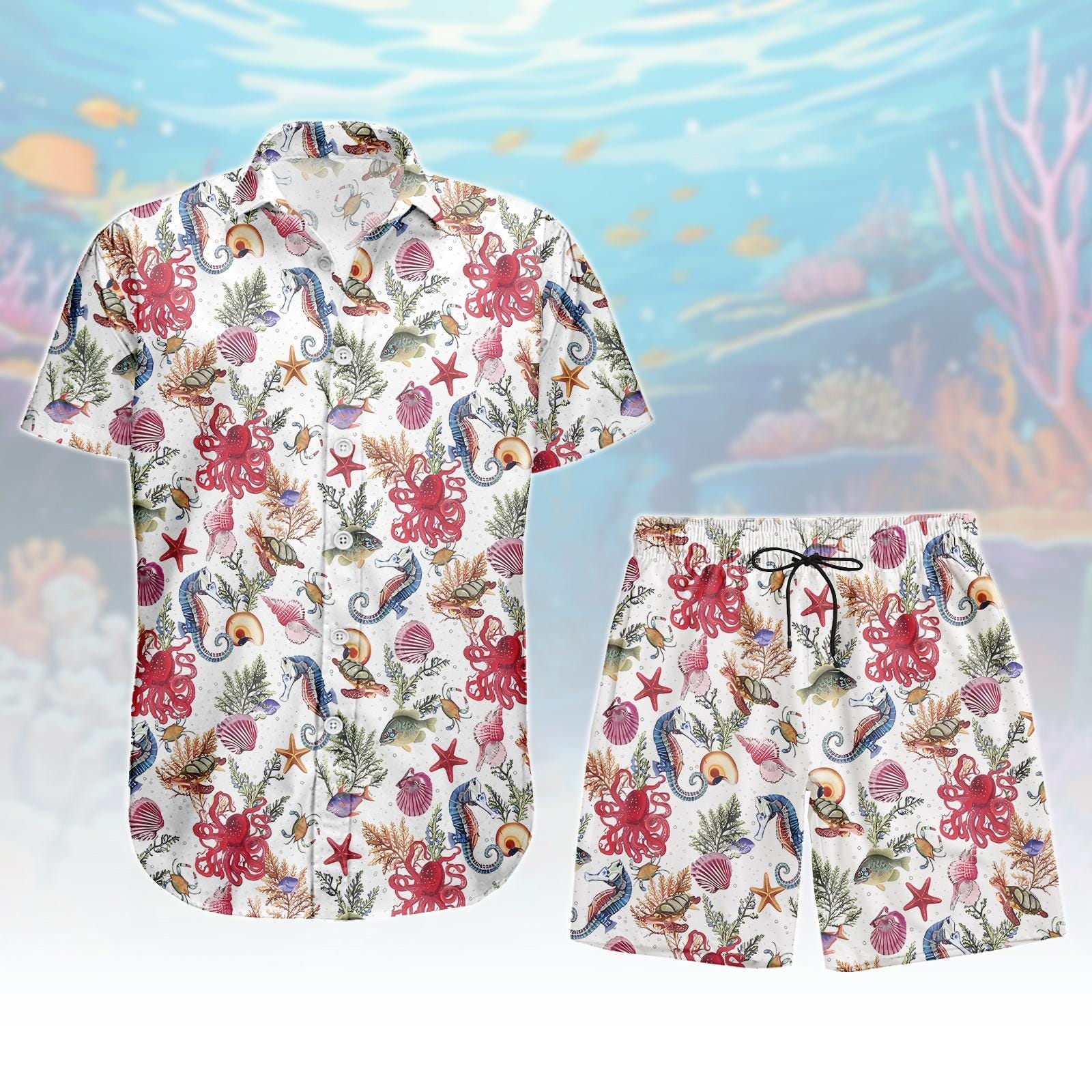 Discover Tropical Ocean Hawaiian Shirt, Sea Life Button Down Shirt, Beach Shorts Men, Octopus Seahorse Shells Vacation Shirt, Summer Party Tee