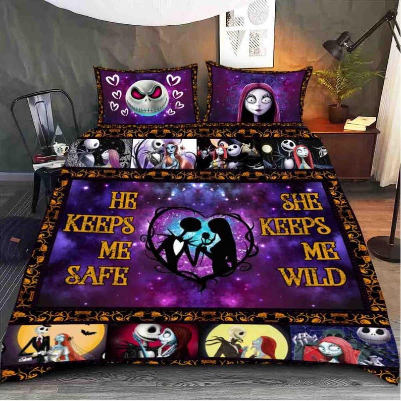 Nightmare Before Christmas Bedding Set, He Keeps Me Safe She Keeps Me Wild Bed Set, Jack Sally Couple Blanket, Gothic Bedroom Decor