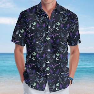 Creepy Bat Button Shirt, Goth Hawaiian Shirt, Sun Moon Shirt, Dark Art Shirt For Men, Holiday Vacation Beach Shirt, Gift For Him